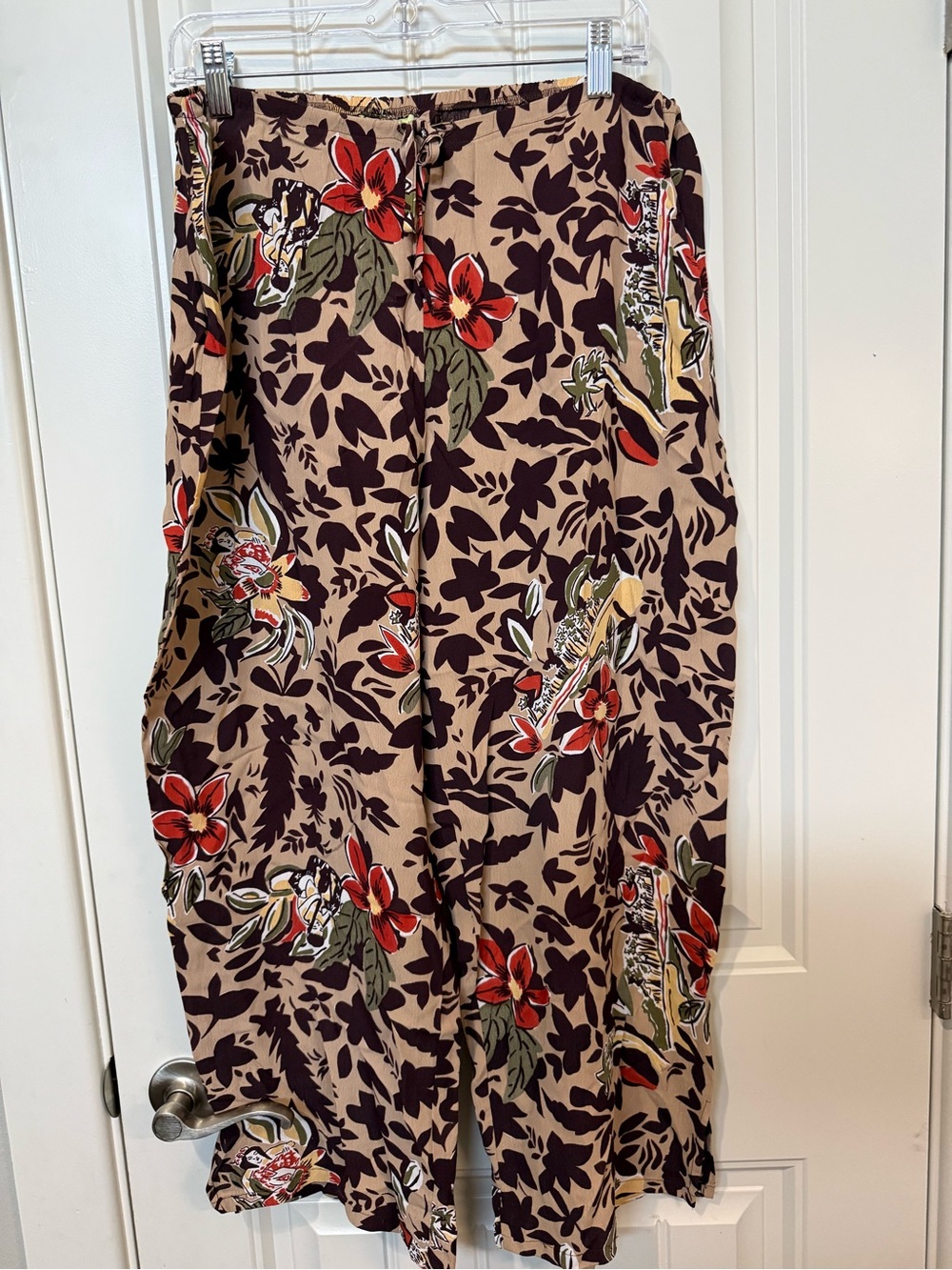 VTG Loco Lindo Wide Leg Floral Print Pants in Beige w Red Hawaiian print Sz XL